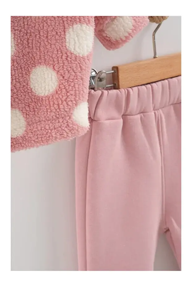 Kız Bebek Peluş Kaban Pembe 3 lü Takım - (9-12-18 Ay ) Seri - 1106-Pembe