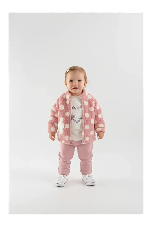 Kız Bebek Peluş Kaban Pembe 3 lü Takım - (9-12-18 Ay ) Seri - 1106-Pembe