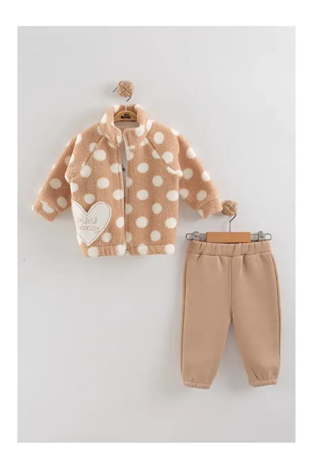 Kız Bebek Peluş Kaban Bej 3 lü Takım - (9-12-18 Ay ) Seri - 1106-Bej