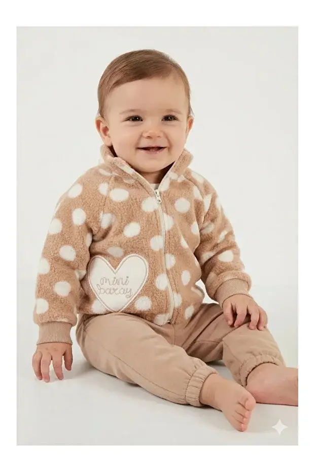 Kız Bebek Peluş Kaban Bej 3 lü Takım - (9-12-18 Ay ) Seri - 1106-Bej