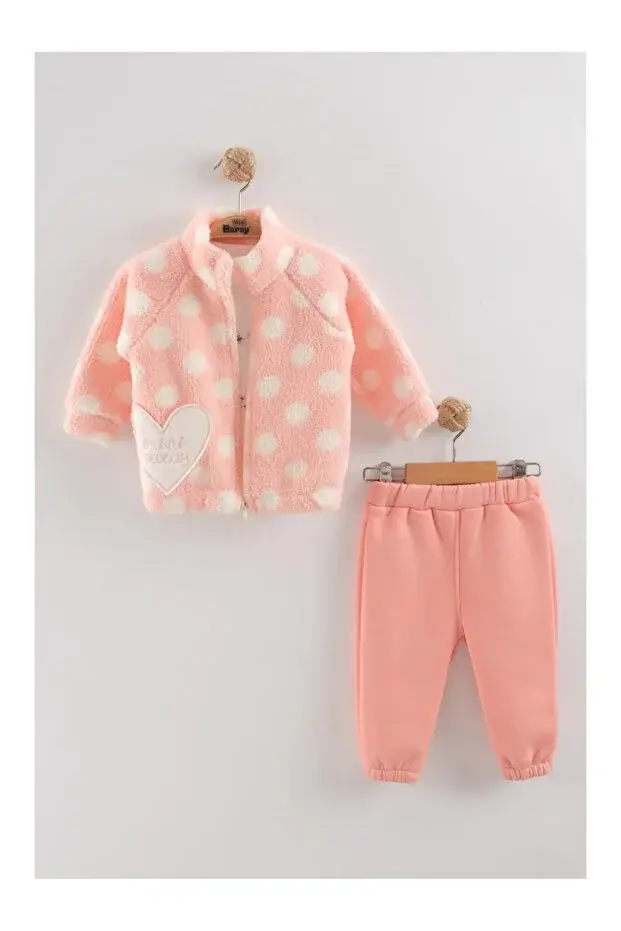 Kız Bebek Peluş Kaban Somon Pembe 3 lü Takım - (9-12-18 Ay ) Seri - 1106-Somon Pembe