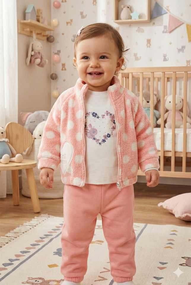 Kız Bebek Peluş Kaban Somon Pembe 3 lü Takım - (9-12-18 Ay ) Seri - 1106-Somon Pembe