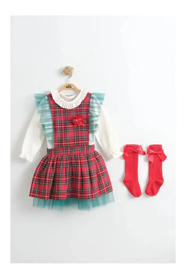 Kız Çocuk Kırmızı Ekose Tüllü Fırfırlı Yılbaşı ve Parti Elbisesi - (2-3-4-5 Yaş ) Seri - 1111-Kırmızı