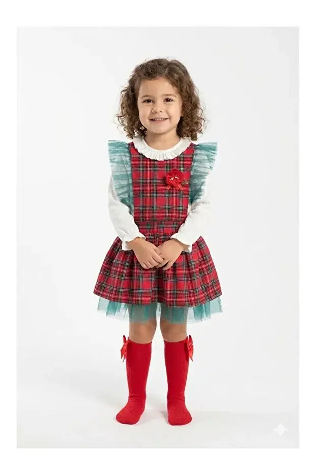 Kız Çocuk Kırmızı Ekose Tüllü Fırfırlı Yılbaşı ve Parti Elbisesi - (2-3-4-5 Yaş ) Seri - 1111-Kırmızı