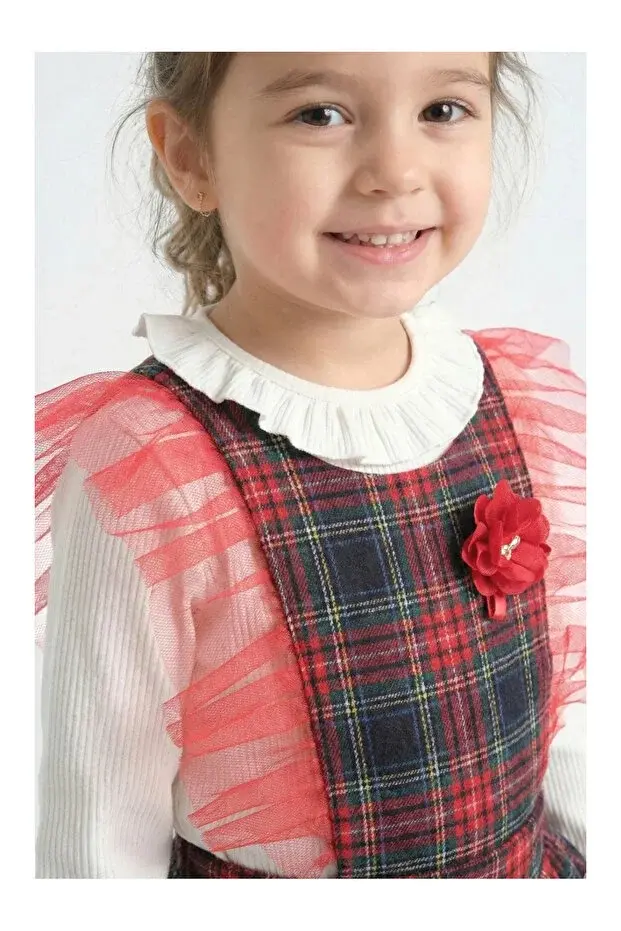 Kız Çocuk Kırmızı Ekose Desenli Tül Detaylı Kabarık Salopet Elbise + Çorap - (2-3-4-5 Yaş ) Seri - 1111-Çok Renkli