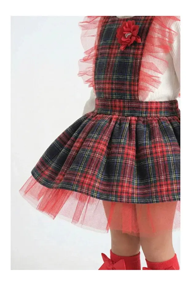 Kız Çocuk Kırmızı Ekose Desenli Tül Detaylı Kabarık Salopet Elbise + Çorap - (2-3-4-5 Yaş ) Seri - 1111-Çok Renkli
