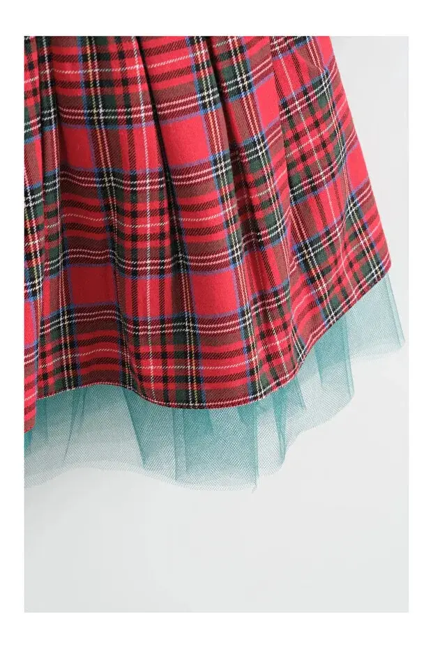 Kız Çocuk Kırmızı Ekose Desenli Tül Detaylı Kabarık Salopet Elbise + Çorap - (2-3-4-5 Yaş ) Seri - 1111-Çok Renkli