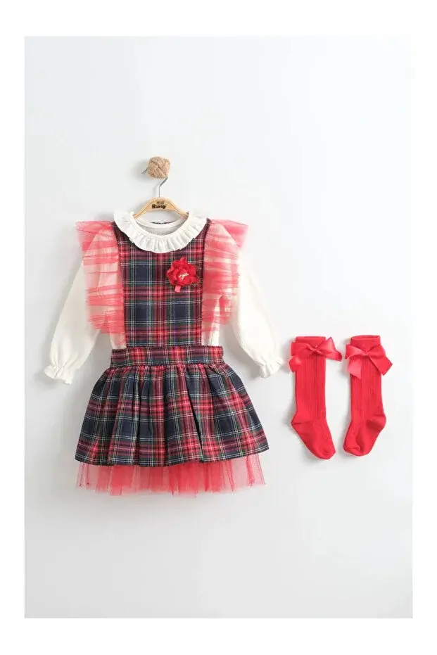Kız Çocuk Kırmızı Ekose Desenli Tül Detaylı Kabarık Salopet Elbise + Çorap - (2-3-4-5 Yaş ) Seri - 1111-Çok Renkli