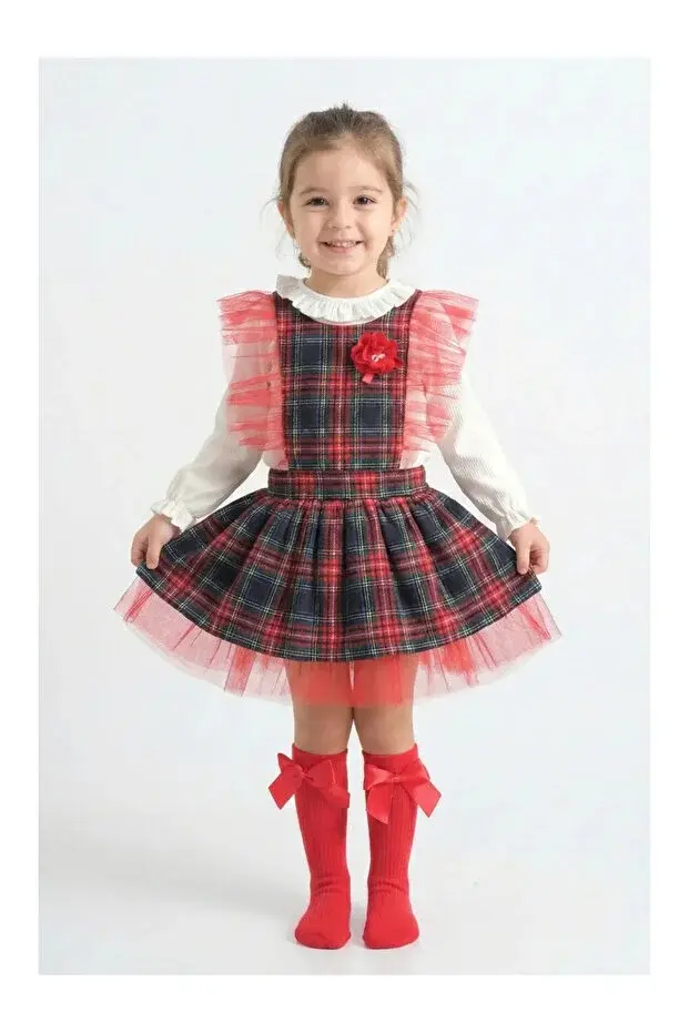 Kız Çocuk Kırmızı Ekose Desenli Tül Detaylı Kabarık Salopet Elbise + Çorap - (2-3-4-5 Yaş ) Seri - 1111-Çok Renkli