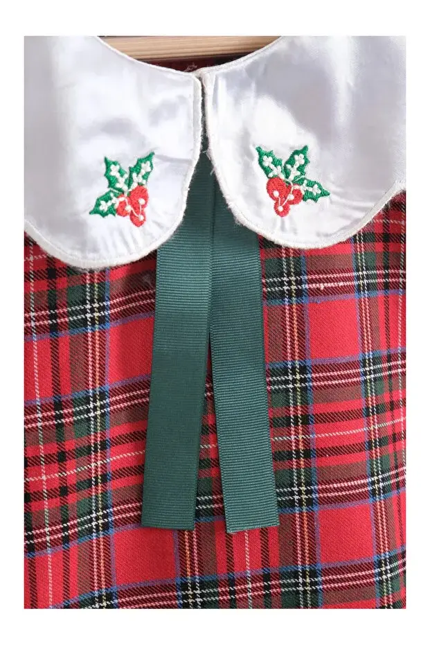 Kız Çocuk Kırmızı Ekose Elbise Çorap Hediyeli - Kokina İşlemeli Tütülü Yılbaşı Kıyafeti- (2-3-4-5 Yaş ) Seri - 1110-Kırmızı