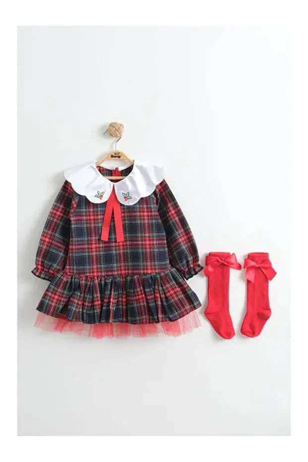 Kız Çocuk Kırmızı Ekose Elbise Çorap Hediyeli - Kokina İşlemeli Tütülü Yılbaşı Kıyafeti- (2-3-4-5 Yaş ) Seri - 1110-Kırmızı