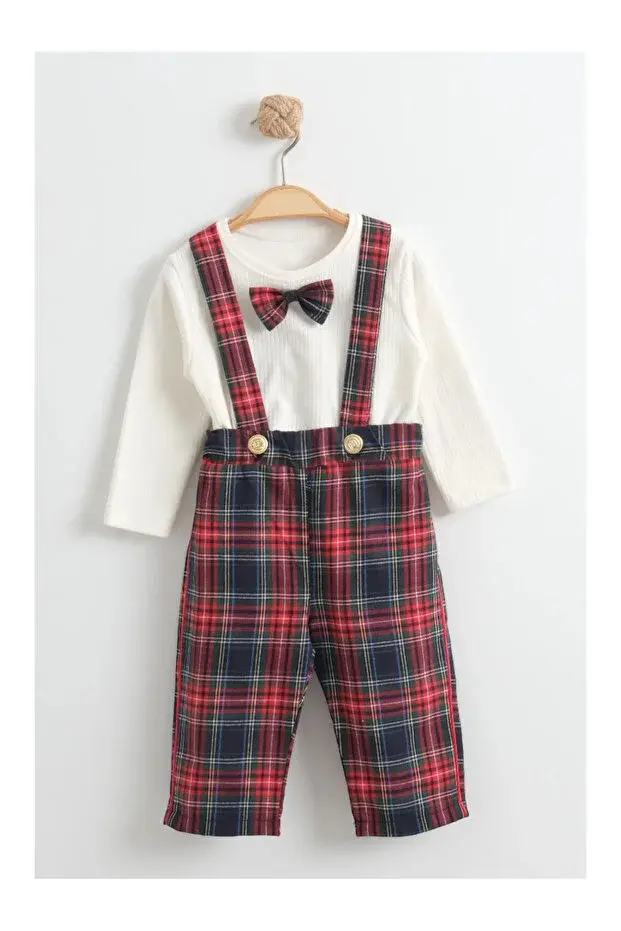 Erkek Bebek Yılbaşı Kıyafeti Kırmızı Kareli Askılı Pantolon ve Body Seti - (6-9-12-18 Ay ) Seri - 1113-Kırmızı