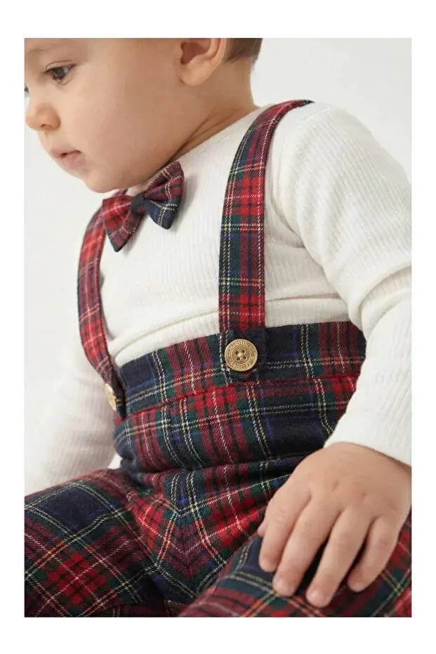 Erkek Bebek Yılbaşı Kıyafeti Kırmızı Kareli Askılı Pantolon ve Body Seti - (6-9-12-18 Ay ) Seri - 1113-Kırmızı
