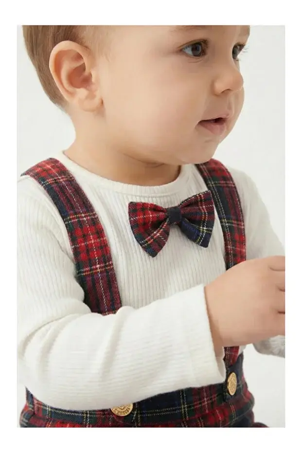 Erkek Bebek Yılbaşı Kıyafeti Kırmızı Kareli Askılı Pantolon ve Body Seti - (6-9-12-18 Ay ) Seri - 1113-Kırmızı