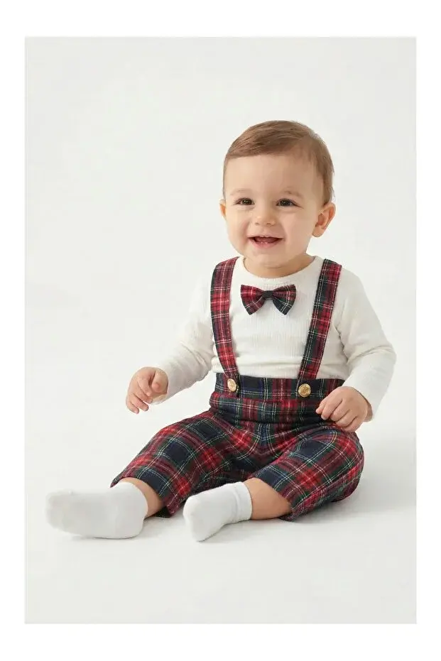 Erkek Bebek Yılbaşı Kıyafeti Kırmızı Kareli Askılı Pantolon ve Body Seti - (6-9-12-18 Ay ) Seri - 1113-Kırmızı