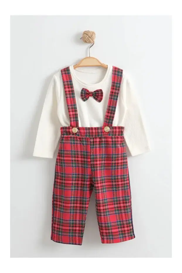 Erkek Bebek Yılbaşı Kıyafeti Kırmızı Kareli Askılı Pantolon ve Body Seti - (6-9-12-18 Ay ) Seri - 1113-Kırmızı