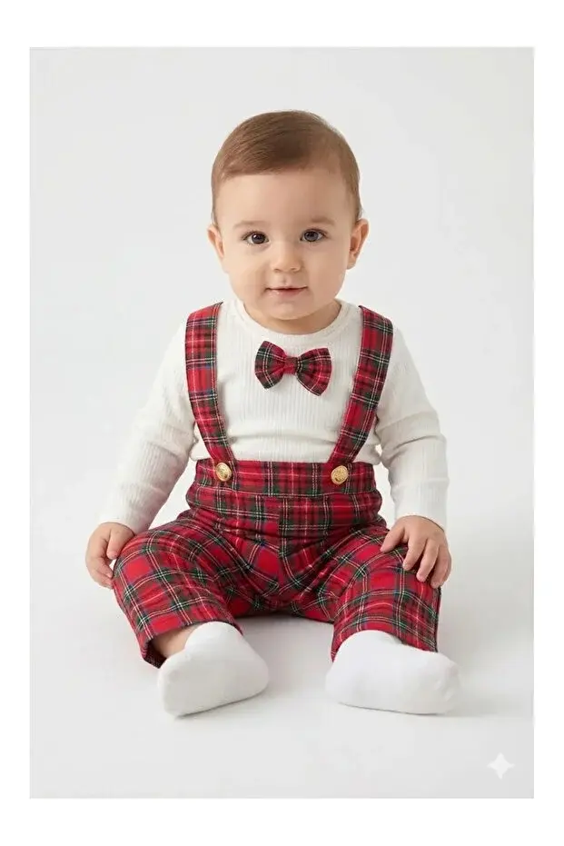 Erkek Bebek Yılbaşı Kıyafeti Kırmızı Kareli Askılı Pantolon ve Body Seti - (6-9-12-18 Ay ) Seri - 1113-Kırmızı