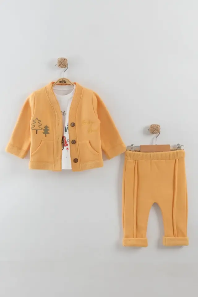 Erkek Bebek Çam Ağaç Nakışlı Sarı Hırka Tişört Pantolon 3'lü Takım (9-12-18 Ay) Seri - 885-Sarı