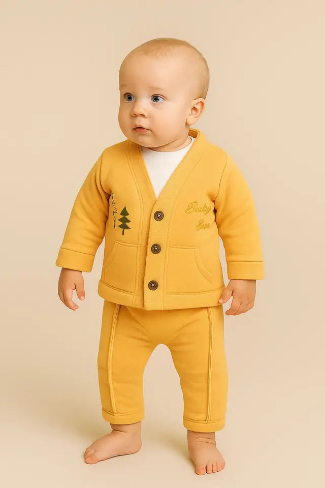 Erkek Bebek Çam Ağaç Nakışlı Sarı Hırka Tişört Pantolon 3'lü Takım (9-12-18 Ay) Seri - 885-Sarı