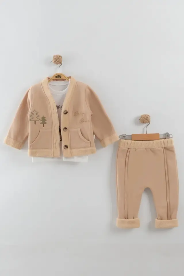 Erkek Bebek Çam Ağaç Nakışlı Bej Hırka Tişört Pantolon 3'lü Takım (9-12-18 Ay) Seri - 885-Bej