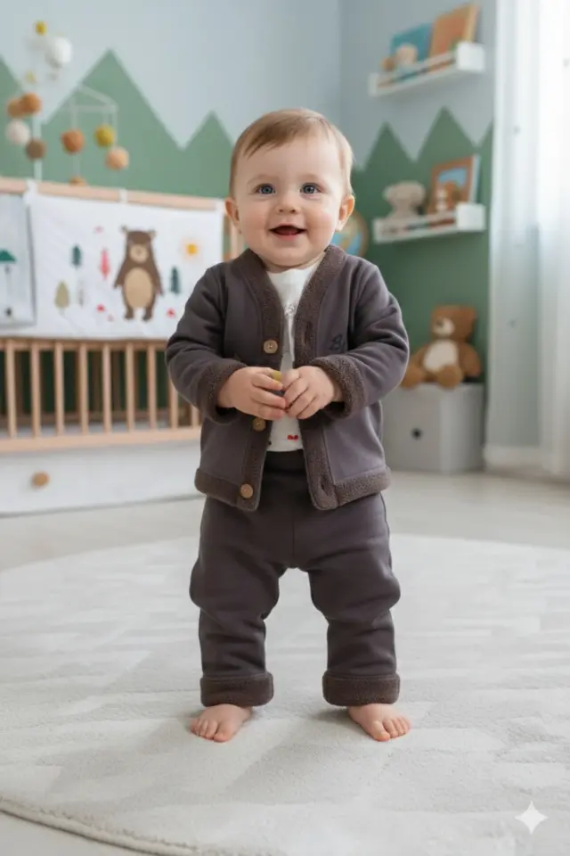 Erkek Bebek Çam Ağaç Nakışlı Füme Gri Hırka Tişört Pantolon 3'lü Takım (9-12-18 Ay) Seri - 885-Füme Gri