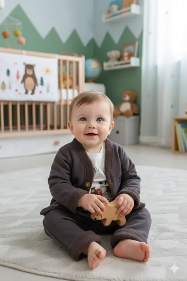 Erkek Bebek Çam Ağaç Nakışlı Füme Gri Hırka Tişört Pantolon 3'lü Takım (9-12-18 Ay) Seri - 885-Füme Gri