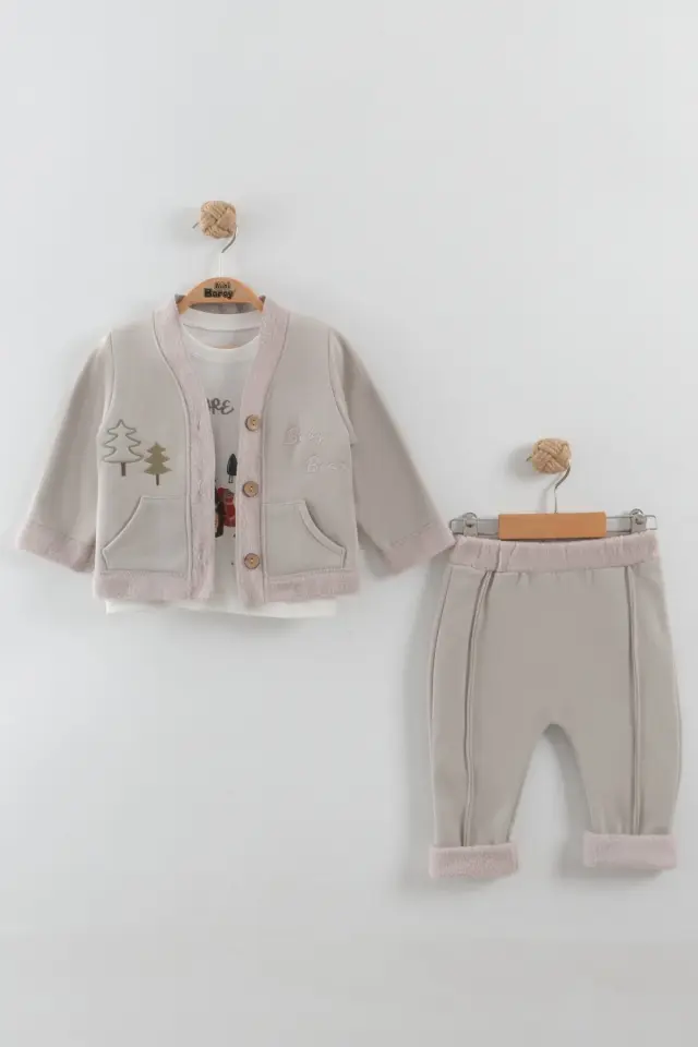 Erkek Bebek Çam Ağaç Nakışlı Gri Hırka Tişört Pantolon 3'lü Takım (9-12-18 Ay) Seri - 885-Gri