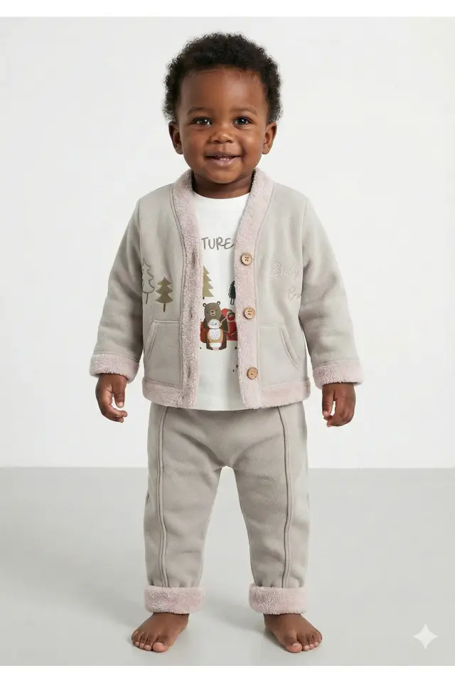 Erkek Bebek Çam Ağaç Nakışlı Gri Hırka Tişört Pantolon 3'lü Takım (9-12-18 Ay) Seri - 885-Gri