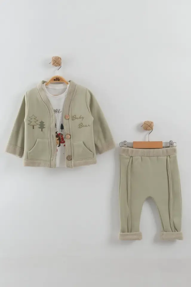 Erkek Bebek Çam Ağaç Nakışlı Yeşil Hırka Tişört Pantolon 3'lü Takım (9-12-18 Ay) Seri - 885-Yeşil