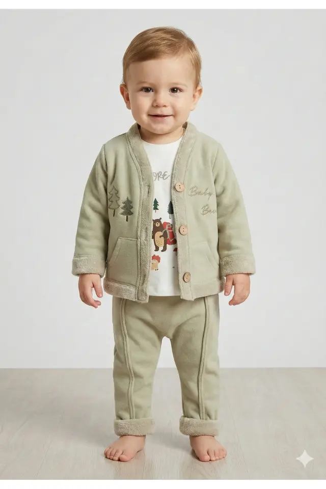 Erkek Bebek Çam Ağaç Nakışlı Yeşil Hırka Tişört Pantolon 3'lü Takım (9-12-18 Ay) Seri - 885-Yeşil