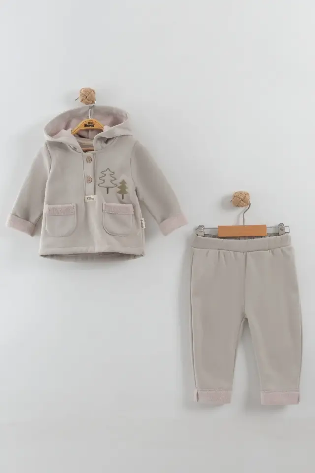 Erkek Bebek Çam Ağaç Nakışlı Gri Kapüşonlu Kanguru Alt Üst Takım (9-12-18 Ay) Seri- 881-Gri