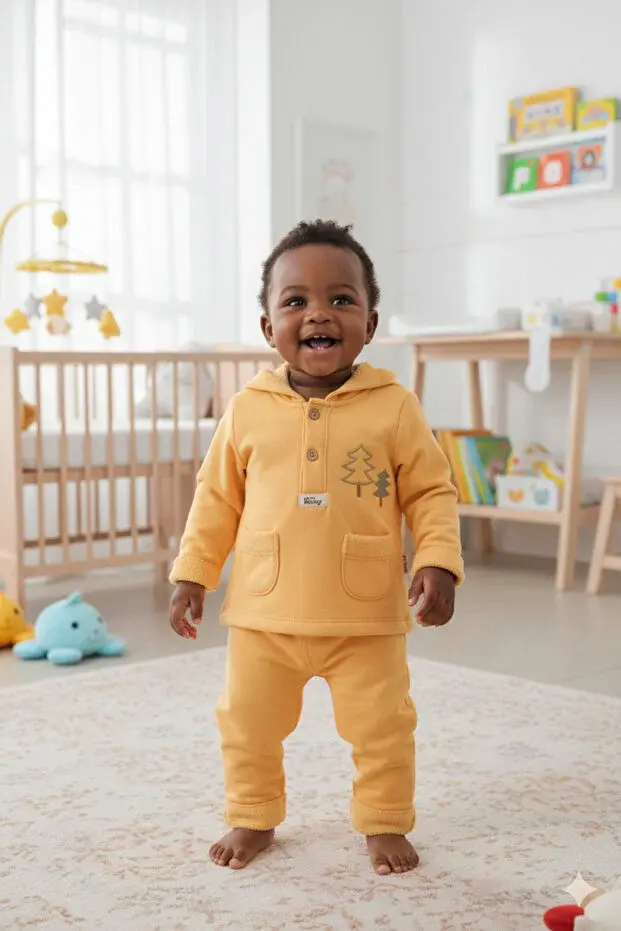 Erkek Bebek Çam Ağaç Nakışlı Sarı Kapüşonlu Kanguru Alt Üst Takım (9-12-18 Ay) Seri- 881-Sarı