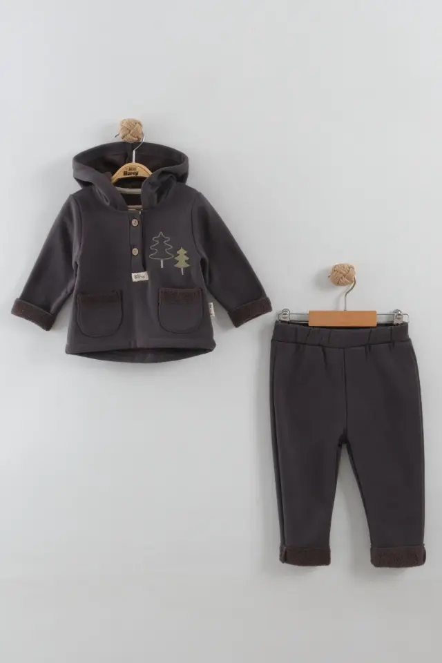 Erkek Bebek Çam Ağaç Nakışlı Füme Gri Kapüşonlu Kanguru Alt Üst Takım (9-12-18 Ay) Seri- 881-Füme Gri