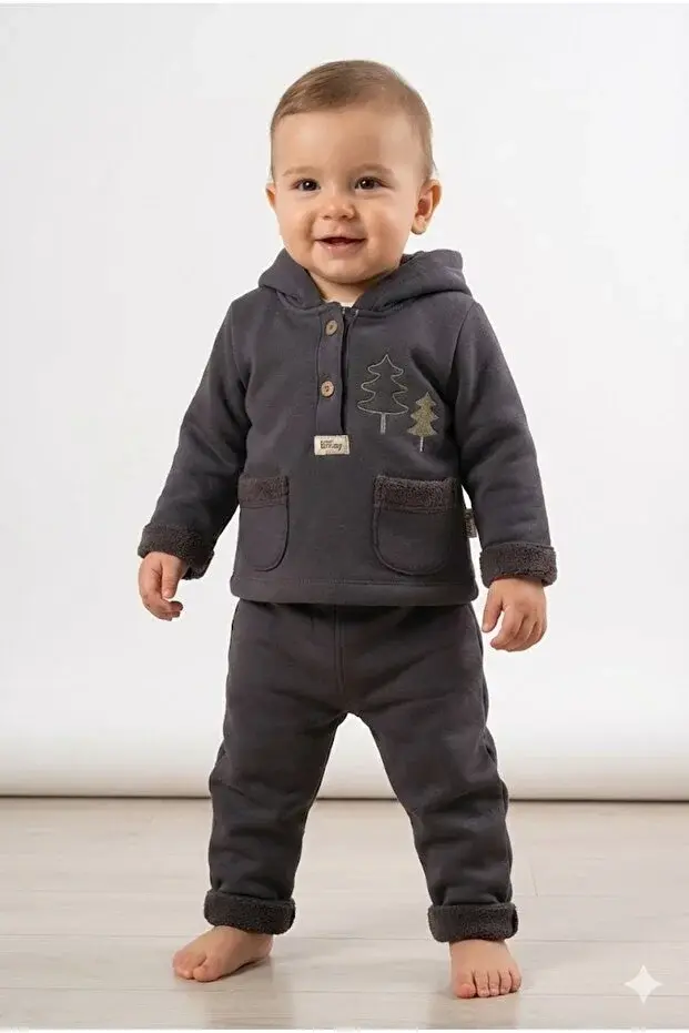 Erkek Bebek Çam Ağaç Nakışlı Füme Gri Kapüşonlu Kanguru Alt Üst Takım (9-12-18 Ay) Seri- 881-Füme Gri