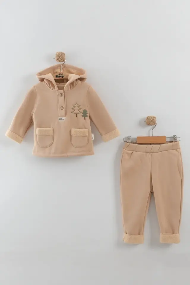 Erkek Bebek Çam Ağaç Nakışlı Bej Kapüşonlu Kanguru Alt Üst Takım (9-12-18 Ay) Seri- 881-Bej