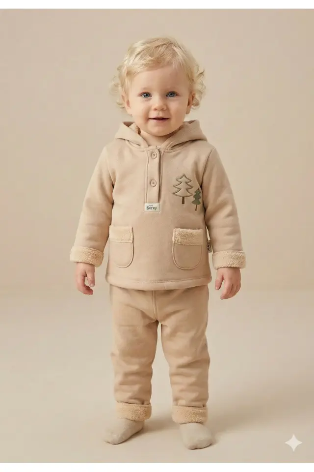 Erkek Bebek Çam Ağaç Nakışlı Bej Kapüşonlu Kanguru Alt Üst Takım (9-12-18 Ay) Seri- 881-Bej