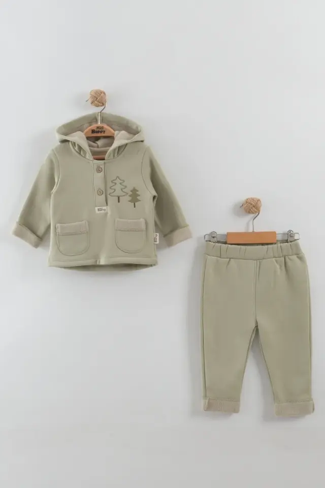 Erkek Bebek Çam Ağaç Nakışlı Yeşil Kapüşonlu Kanguru Alt Üst Takım (9-12-18 Ay) Seri- 881-Yeşil