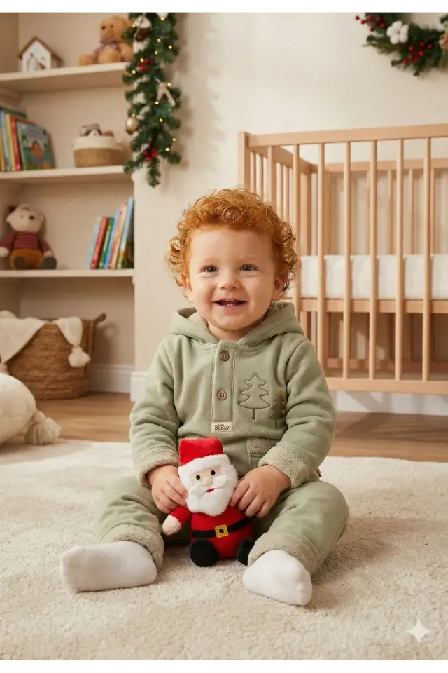 Erkek Bebek Çam Ağaç Nakışlı Yeşil Kapüşonlu Kanguru Alt Üst Takım (9-12-18 Ay) Seri- 881-Yeşil