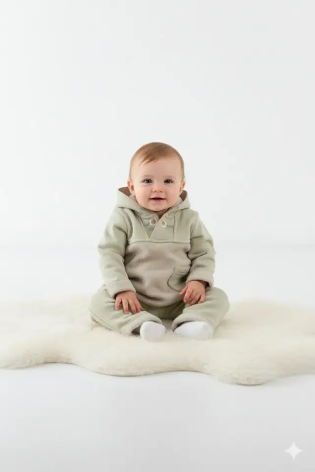 Kız Bebek Çiçek Nakışlı Kapüşonlu Kanguru Model Yeşil Eşofman Takım (9-12-18 Ay) Seri - 890-Yeşil