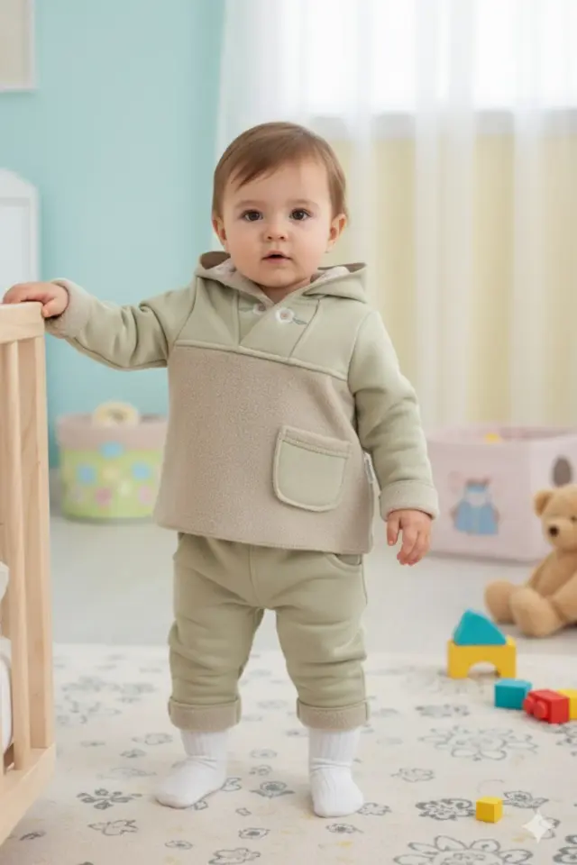 Kız Bebek Çiçek Nakışlı Kapüşonlu Kanguru Model Yeşil Eşofman Takım (9-12-18 Ay) Seri - 890-Yeşil