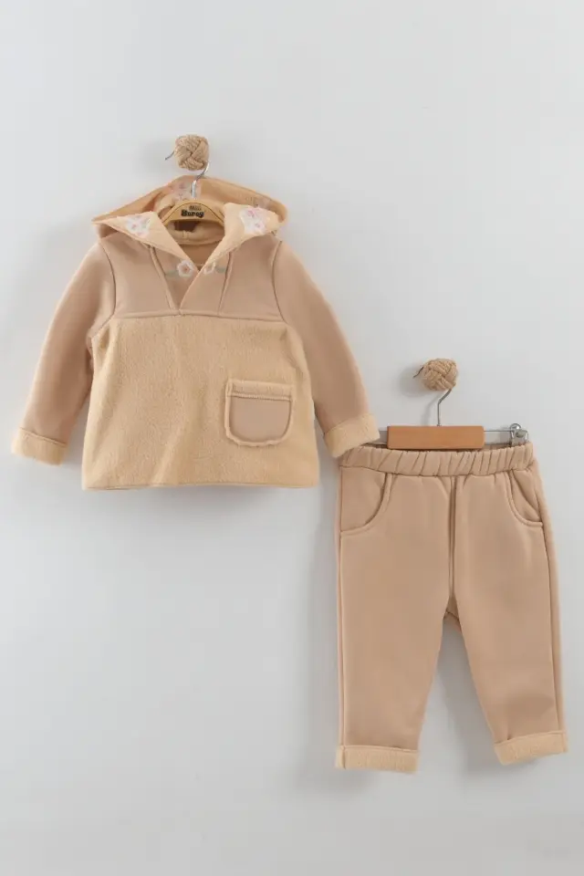Kız Bebek Çiçek Nakışlı Kapüşonlu Kanguru Model Bej Eşofman Takım (9-12-18 Ay) Seri - 890-Bej