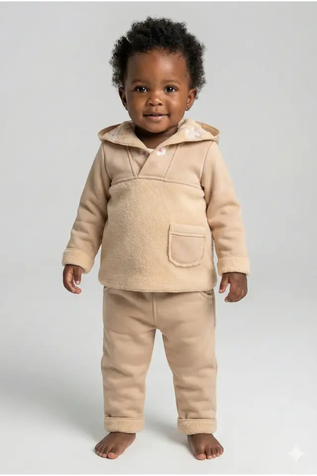 Kız Bebek Çiçek Nakışlı Kapüşonlu Kanguru Model Bej Eşofman Takım (9-12-18 Ay) Seri - 890-Bej