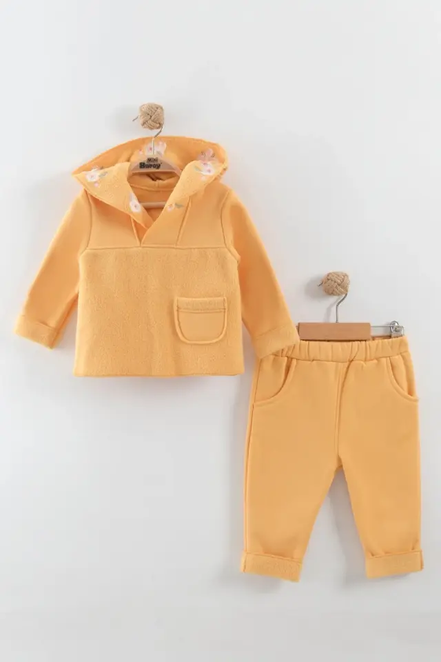 Kız Bebek Çiçek Nakışlı Kapüşonlu Kanguru Model Sarı Eşofman Takım (9-12-18 Ay) Seri - 890-Sarı