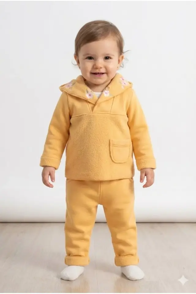 Kız Bebek Çiçek Nakışlı Kapüşonlu Kanguru Model Sarı Eşofman Takım (9-12-18 Ay) Seri - 890-Sarı