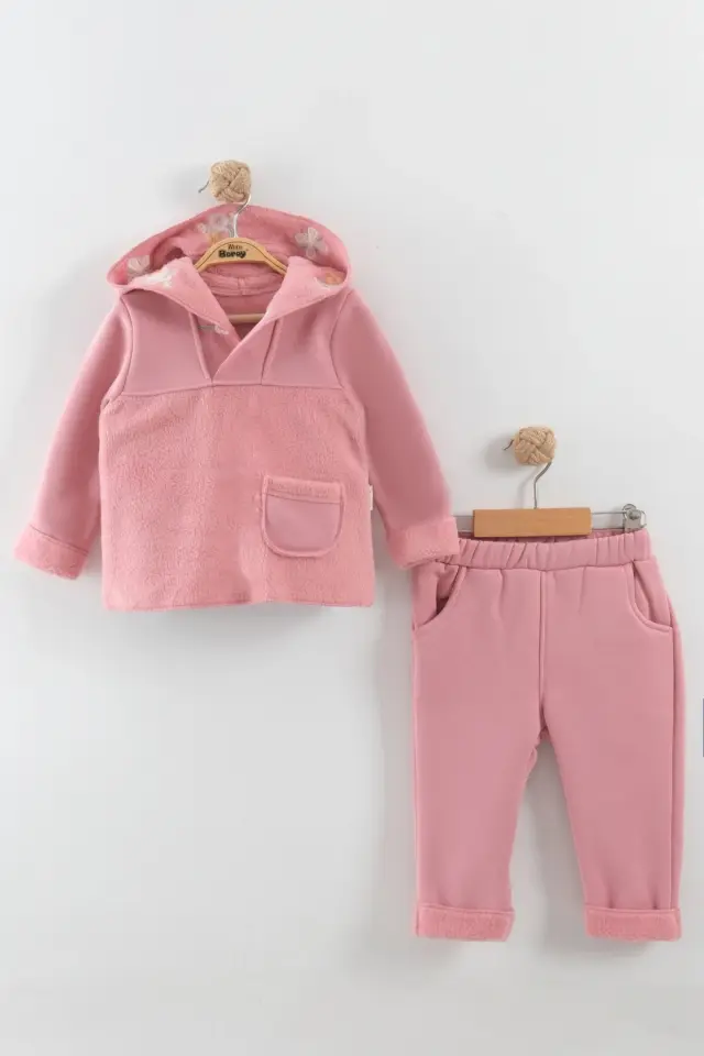 Kız Bebek Çiçek Nakışlı Kapüşonlu Kanguru Model Pembe Eşofman Takım (9-12-18 Ay) Seri - 890-Pembe