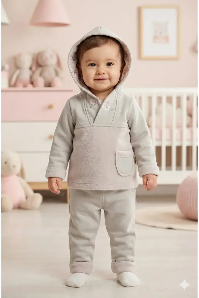 Kız Bebek Çiçek Nakışlı Kapüşonlu Kanguru Model Gri Eşofman Takım (9-12-18 Ay) Seri - 890-Gri