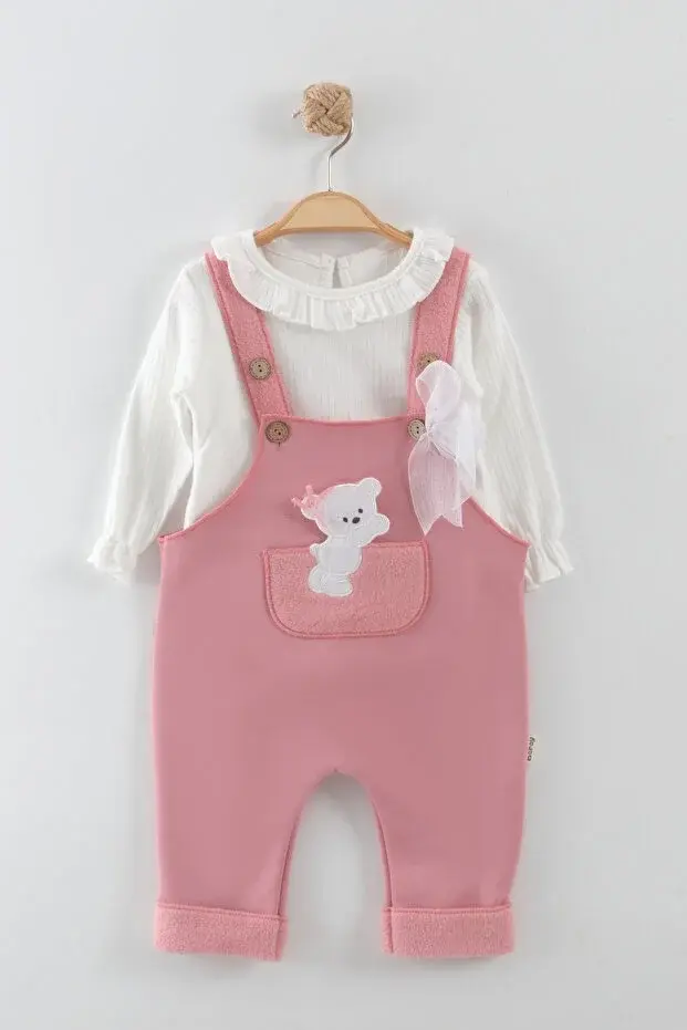 Kız Bebek Ayı Nakış Pembe Tulum Takım (9-12-18 Ay) Seri - 891-Pembe