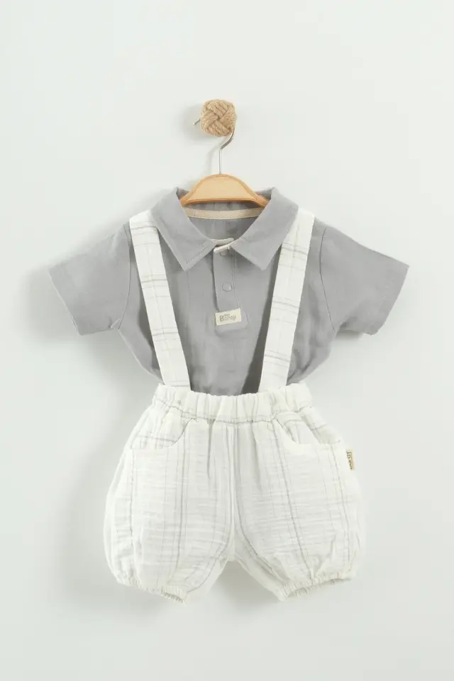 Erkek Bebek Gömlek, Tişört ve Askılı Şort Gri 3’lü Takım (9-12-18-24 Ay) Seri - 1079-Gri