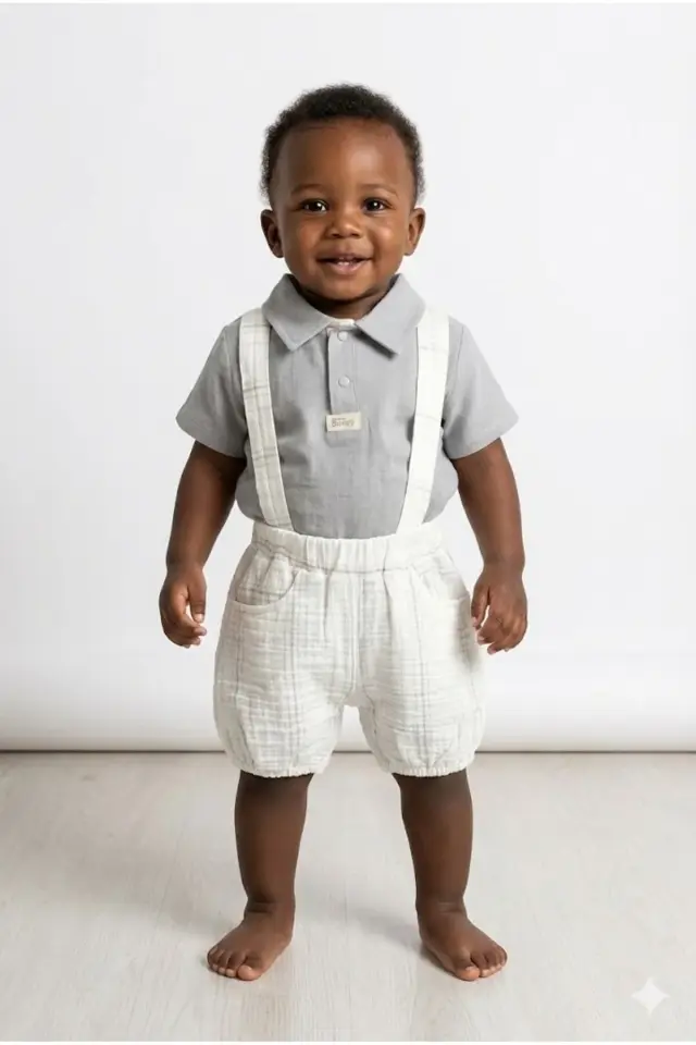Erkek Bebek Gömlek, Tişört ve Askılı Şort Gri 3’lü Takım (9-12-18-24 Ay) Seri - 1079-Gri