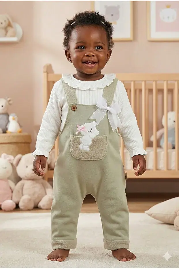 Kız Bebek Ayı Nakış Yeşil Tulum Takım (9-12-18 Ay) Seri - 891-Yeşil